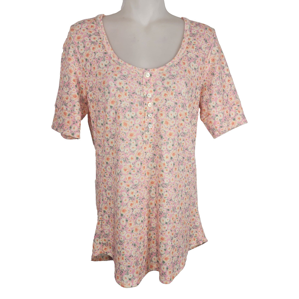 7th Ray Women Henley Top L Thermal Waffle Knit Pink Floral Short Sleeve Romantic